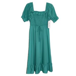 Indigo Rose Teal Puff Sleeve Smocked Midi Dress
